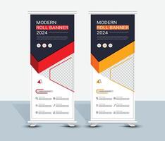 Modern geomertic dark yellow and red roll up banner template design vector