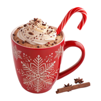 Festive Red Mug with Snowflake Pattern and Hot Chocolate Topped with Whipped Cream png