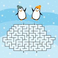 Two cheerful penguins are standing closely next to each other in a maze vector