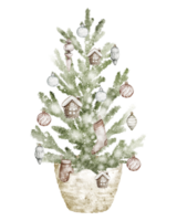 Watercolor Christmas Tree in in vintage style, with toys in a wicker basket. Drawing of Fir tree. Hand drawn Illustration for New Year Invitations and Holiday Greeting Cards on isolated background. png