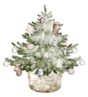 Watercolor Christmas Tree in in vintage style with toys in a wicker basket. Hand drawn Illustration for New Year Invitations and Holiday Greeting Cards on isolated background. Drawing of Fir tree. png