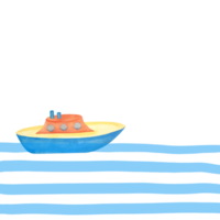 Watercolor illustration of a ship on the water. Blue waves. The toy is floating on the waves. For background design, textiles, postcards png