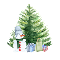 New Year illustration of a Christmas tree, gifts and a snowman. The picture is made with watercolors. For postcards, calendars, your design png