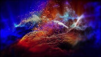 A fantastic landscape of an unknown planet in red and blue tones, with a whirlwind of sparks, smoothly changes perspective, creating the effect of flight and the presence of the observer. video