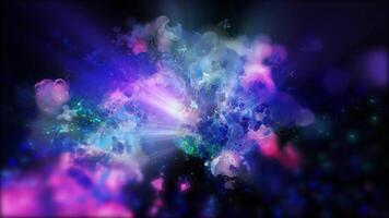 A hazy, multi-colored galaxy rotates in space, scattering sparkling meteors across the space. video
