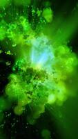 A bright green spiral galaxy rotates planets and meteors, changing perspective and emphasizing the depth of endless space. video