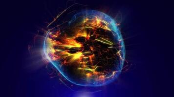 A liquid plasma sphere with threads of fiery energy emits light, creating a unique atmosphere of space. video