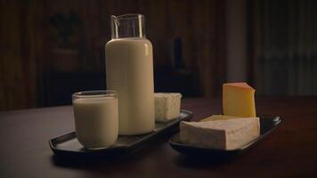 A Beautiful Arrangement of Milk and Dairy Products Carefully Placed on a Rustic Table Setting video