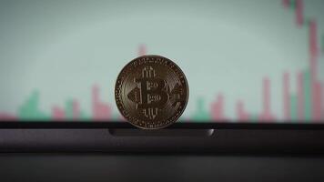 A Bitcoin Coin placed on a Financial Chart Background representing its market dynamics and trends video