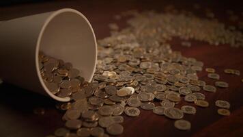 A scattering of coins spilled across a rustic wooden surface creates a visual of financial chaos video