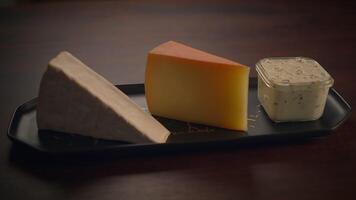 An Artisan Cheese Display Elegantly Arranged on a Sleek and Stylish Serving Tray video