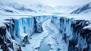 A glacial canyon with ice mountains and deep crevasses photo