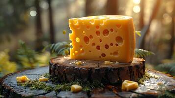 A piece of cheese on a stump in the woods photo