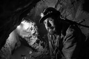 Miner in the mine. Well-uniformed miner inside dark mine. Neural network photo