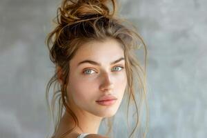 Young caucasian female with calm expression close up photo