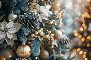 Close up of balls on christmas tree. Bokeh garlands in the background. New Year concept. Neural network photo