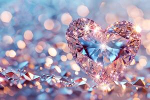 Heart-shaped gemstone sparkles on reflective surface. Neural network photo