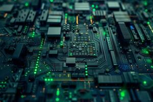 Close-up Macro Shot of Printed Circuit Board with Computer Motherboard Component Microchip. Neural network photo