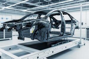 Assembly line car frame in industrial setting. Neural network photo
