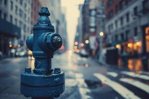 A fire hydrant on the street with bokeh and blurred city in background. Neural network photo