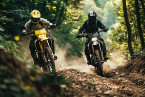 Two motorcyclists riding in dense forest path. Neural network photo