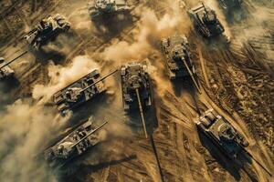 Tanks in formation on rugged terrain. Neural network photo