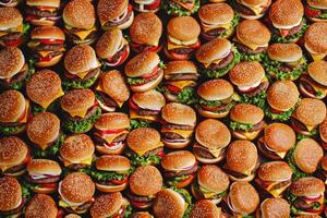Endless array of cheeseburgers showcases fast food abundance. Neural network photo