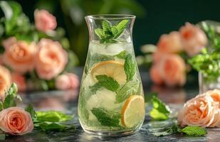A pitcher of lemonade with mint leaves and roses photo