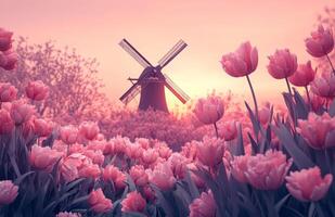 Pink tulips and a windmill at sunset photo