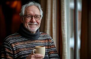 An older man with glasses and a sweater holding a cup photo
