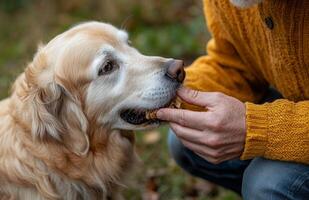 A man feeding a dog a piece of food photo
