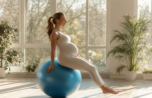 A pregnant woman is sitting on an exercise ball photo