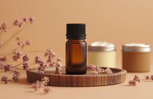 Essential oils and a bottle of essential oils on a wooden tray photo