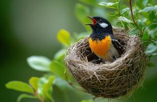 A bird is sitting in a nest on a tree branch photo