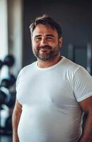 A man in a white shirt standing in front of a gym photo