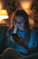 A young woman sitting on a couch looking at her phone photo