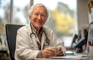 A smiling older man in a doctor's coat sitting at a desk photo