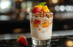 A glass of yogurt with fruit and granola photo