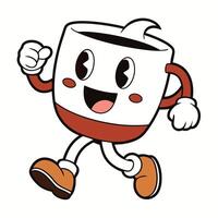 a cartoon coffee cup running with its eyes open, vector