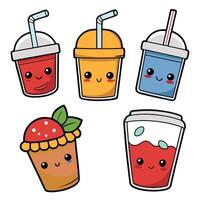cute drink set with different drinks, including a strawberry smoothie vector