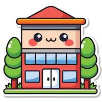 sticker of cute building with windows and trees vector
