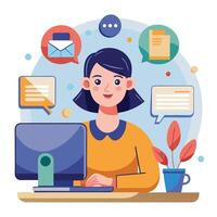 a woman is working on a computer with a bunch of icons around her vector