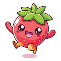a cartoon strawberry character running with its arms , vector