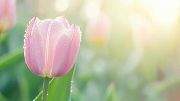 dew covered tulip in sharp focus, surrounded by soft, blurred blooms, radiates freshness and beauty photo