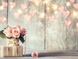 beautiful bouquet of pink roses in rustic setting with heart decorations. Perfect for romantic occasions and celebrations photo