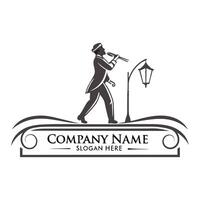 a man in a suit walking with a lantern and a sign that says company name vector