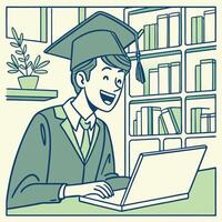 a graduate student in a library using a laptop vector