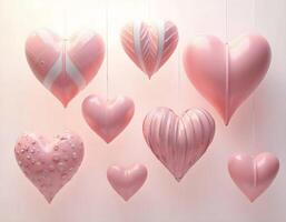 Set of 3D heart shapes with varying designs, including geometric and organic forms, on a transparent background. photo