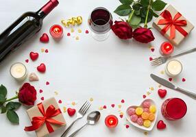 A heart-shaped saucer filled with assorted candies, elegant silver cutlery, flickering candles, colorful confetti scattered across an isolated white background, with ample empty space photo