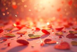 A romantic scene with heart confetti in glittery gold and red, cascading over a deep pink background, creating an elegant and luxurious feel for wedding invitations photo